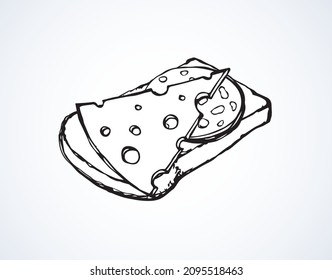 Tasty crisp wheat grain loaf bun cut chunk and cut porous swiss dairy cheddar piece on white backdrop. Line black ink hand drawn bake cuisine menu icon sign sketch retro doodle cartoon graphic style