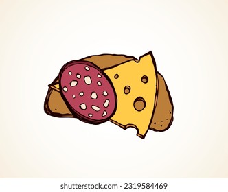 Tasty crisp wheat grain loaf bun cut chunk and cut porous swiss dairy cheddar piece on yellow backdrop. Bright color hand drawn bake cuisine menu icon sign sketch in retro doodle cartoon graphic style