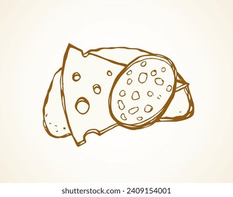 Tasty crisp wheat grain loaf bun cut chunk and cut porous swiss dairy cheddar piece on white backdrop. Line black ink hand drawn bake cuisine menu icon sign sketch in retro doodle cartoon graphic styl