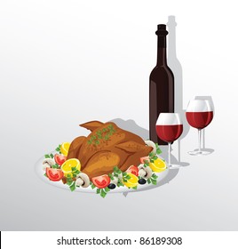 Tasty crispy roast turkey or hen and vegetables, and wine