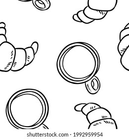 Tasty croissant and coffee cups breakfast doodles seamless border pattern. Cute cartoon brunch pastry repeatable background tile. Cozy template of stock illustration for wrapping design, wallpaper