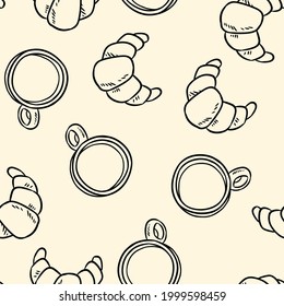 Tasty croissant and coffee cups breakfast doodles seamless border pattern. Cute cartoon brunch pastry repeatable background tile. Cozy template of stock illustration for wrapping design, wallpaper