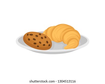 Tasty croissant and cookie with chocolate chips. Delicious breakfast. Food theme. Flat vector design