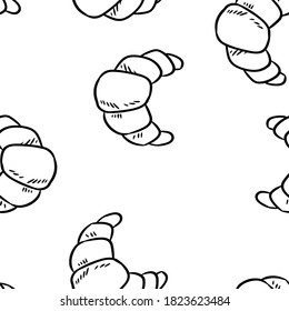 Tasty croissant doodles seamless border pattern. Cute cartoon tasty pastry repeatable texture background tile. Cozy template of stock illustration for wrapping design, wallpaper