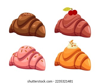 Tasty croissants of different colors vector illustrations set. Collection of cartoon drawings of delicious snacks with different toppings, berries, cream, chocolate. Baking, desserts, food concept