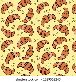Sabrosos croissants en un fondo amarillo. Croissants dibujados a mano. Ilustración vectorial.