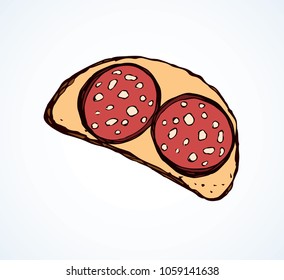 Tasty crusty natural rye dough bun section and delicacy bratwurst portion on white background. Bright brown color hand drawn butchery menu logo emblem in retro doodle cartoon style with space for text