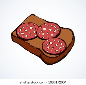 Tasty crusty natural rye dough bun section and delicacy bratwurst portion on white background. Bright brown color hand drawn butchery menu logo emblem in retro doodle cartoon style with space for text