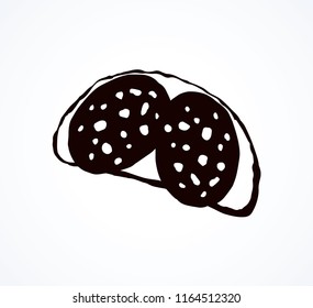 Tasty crusty natural rye dough bun section and delicacy bratwurst portion on white background. Dark black color ink hand drawn butchery menu logo emblem in retro contour engraved print style