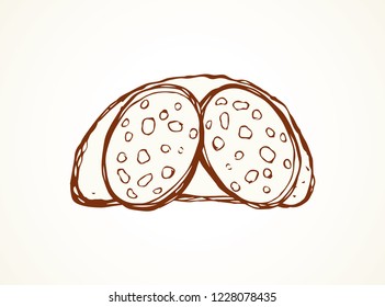 Tasty crusty natural rye dough bun section and delicacy bratwurst portion on white background. Line black ink hand drawn butchery menu logo emblem in retro doodle cartoon engraved style pen on paper