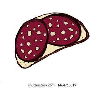 Tasty crusty natural rye dough bun section and delicacy bratwurst portion on white background. Bright brown color hand drawn butchery menu logo emblem in retro doodle cartoon style with space for text