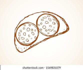 Tasty crusty natural rye dough bun section and delicacy bratwurst portion on white background. Freehand outline red ink hand drawn butchery menu logo emblem in retro doodle cartoon style text space