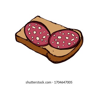 Tasty crusty natural rye dough bun section and delicacy bratwurst portion on white background. Bright brown color hand drawn butchery menu logo emblem in retro doodle cartoon style with space for text