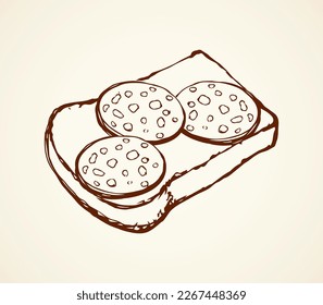 Tasty crusty natural rye dough bun section and delicacy bratwurst portion white background. Outline black ink pen hand drawn butchery menu logo emblem in retro doodle cartoon engraved style text space