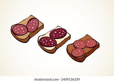 Tasty crusty natural rye dough bun section and delicacy bratwurst portion on white background. Bright brown color hand drawn butchery menu logo emblem in retro doodle cartoon style with space for text