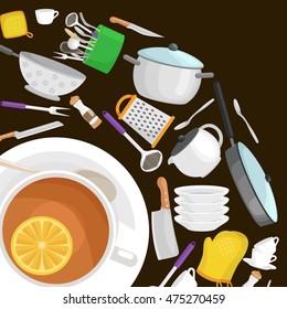 A tasty cup of tea with lemon white bowl on a saucer, the concept for kitchen utensils shop or cooking food in cafes and restaurants,isolated vector illustration on background