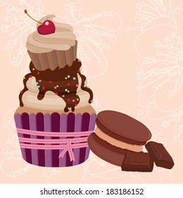 Tasty cupcake with cherry and chocolate, macaroon, chocolate pieces. Spring flower background. Vector illustration.