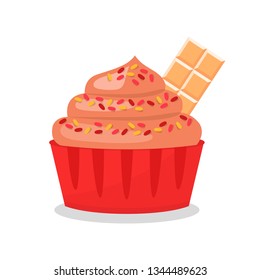 Tasty Cupcake with Chocolate Vector Illustration. Delicious Dessert Cartoon Color Drawing. Muffin with Sweet Crumbs and Icing. Pastry Shop, Confectionery, Buffet, Bakery Isolated Design element