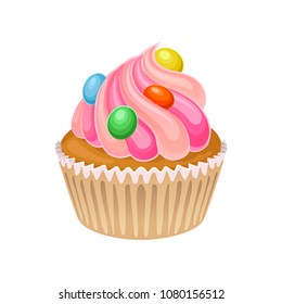 Tasty cupcake decorated with pink butter cream and multi-colored candies. Sweet muffin in wrapper baking cup. Flat vector icon