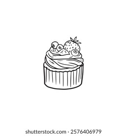 Tasty cupcake dessert with blueberry and strawberry and whipped cream in black isolated on white background. sketch illustration in doodle vintage engraved line art style. Ink food art, cafe