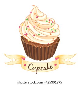 Tasty cupcake and ribbon isolated on white background
