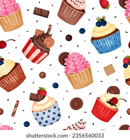 Tasty Cupcake Seamless Pattern Design with Sweet Dessert Vector Template