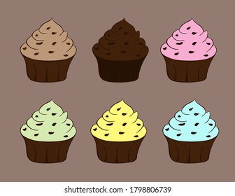 Tasty cupcake set isolated on beige background. Sweet dessert icon. Colorful Vector illustration