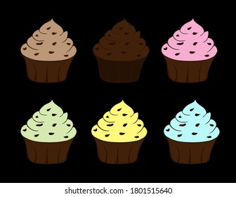 Atractivo quequito aislado en el fondo negro. Icono de postre dulce. Ilustración del vector colorido