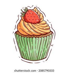 tasty cupcake with strawberry topping and using colorful hand drawing style