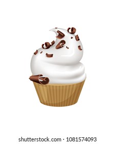 Tasty cupcake that has whipped cream on top and sprinkled with dark chocolate crumbles. Small delicious sweet dessert isolated vector illustrations.