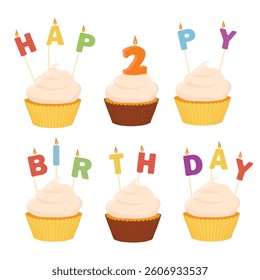 Tasty cupcakes with candles isolated on white background. Happy birthday 2 years anniversary design elements. Vector 
