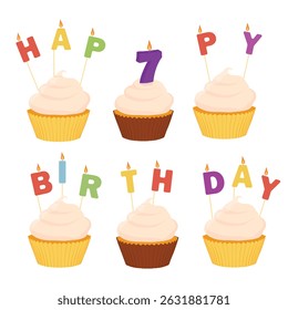 Bolinhos saborosos com velas isoladas sobre fundo branco. Feliz aniversário 7 anos elementos de design de aniversário. Vetor 