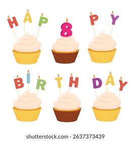 Tasty cupcakes with candles isolated on white background. Happy birthday 8 years anniversary design elements. Vector 