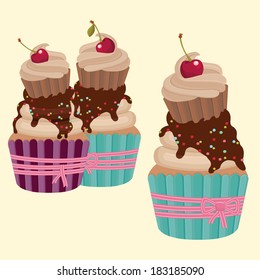 Tasty cupcakes with cherry and chocolate. Vector illustration.