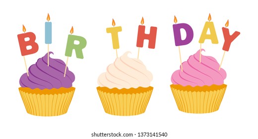 Tasty cupcakes isolated on white background.  Happy birthday greeting card