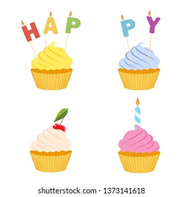 Tasty cupcakes isolated on white background.  Happy birthday greeting card