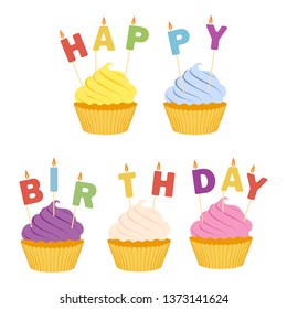 Tasty cupcakes isolated on white background.  Happy birthday greeting card