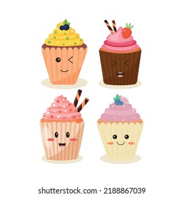 Tasty Cupcakes With Kawaii Eyes Isolated On White Background. Dessert Vector Design