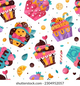 Tasty cupcakes seamless pattern. Wallpaper, textile, background with sweet desserts repeating print flat vector