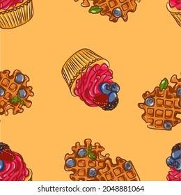 Tasty cupcakes and waffles vector pattern on the caramel background. Belgian gold waffles with blueberries and mint leaves and sweet vanila cupcakes with strawberry whipping cream and fresh berries.