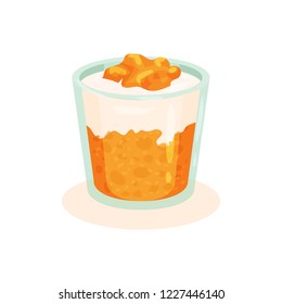 Tasty curd dessert with persimmon in glass. Delicious homemade food. Tasty eating. Flat vector element for recipe book