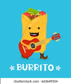 Tasty cute happy smiling burrito dance acoustic guitar. Vector modern flat style cartoon character illustration. Isolated on blue background.  mexican food, cafe, restaurant menu. Love burrito card
