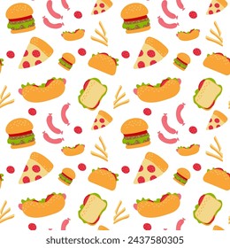 Tasty cute junk food. Fast food seamless pattern. Modern design for decor, wallpaper, background, textile.