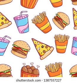 Tasty cute junk food in seamless pattern and colorful doodle style