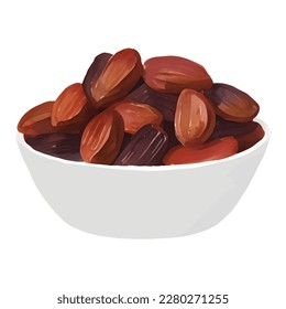 Tasty Dates Fruit on White Bowl Isolated Hand Drawn Painting Illustration