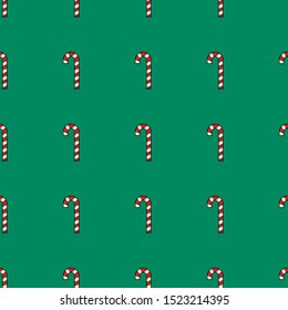 Tasty delicious candy cane stick. Icon logo. Equal interval vector seamless pattern. Cartoon style, flat design. Trendy illustration. Green background