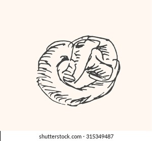 Tasty delicious dessert pretzel icon, in sketch hand drawn style, for food, cafe and restaurant business design. Vector