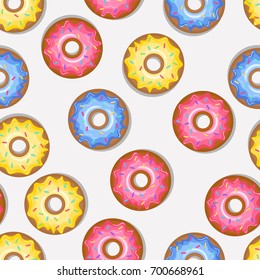 Tasty delicious donuts pattern over white background. Vector illustration