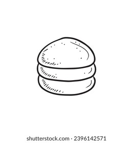 Tasty delicious fresh burger bun with sesame in black isolated on white background. Hand drawn vector sketch illustration in doodle engraved vintage style. Cheeseburger, ingredient, bakery.
