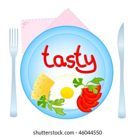 tasty delicious fried eggs on a dish are decorated a tomato and cheese